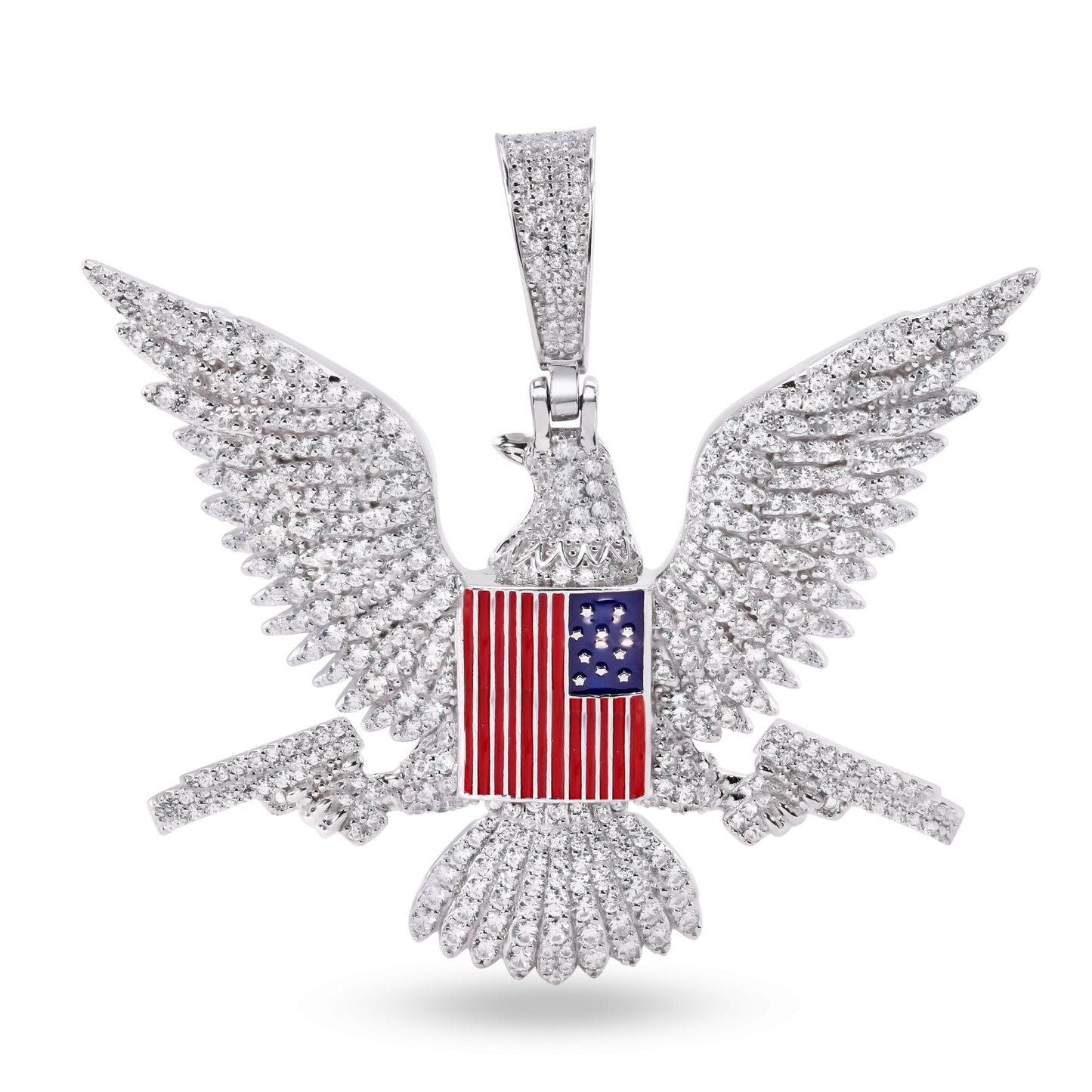 Rhodium Plated 925 Sterling Silver American Eagle Flag Gun Clear CZ Pendant