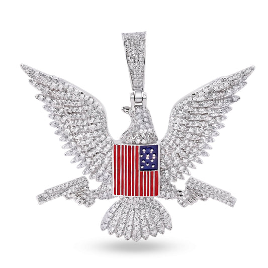 Rhodium Plated 925 Sterling Silver American Eagle Flag Gun Clear CZ Pendant
