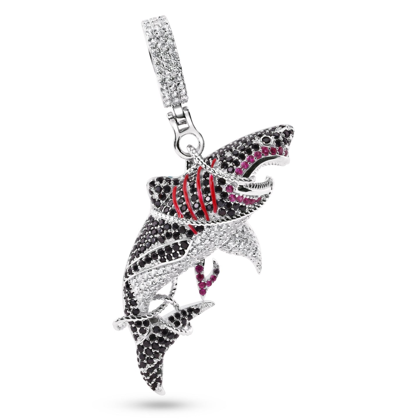 Rhodium Plated 925 Sterling Silver Tangled Shark CZ Ocean Animal Fish Pendant