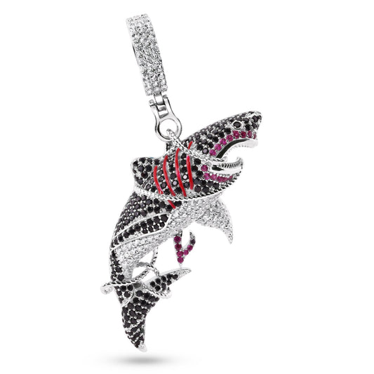 Rhodium Plated 925 Sterling Silver Tangled Shark CZ Ocean Animal Fish Pendant