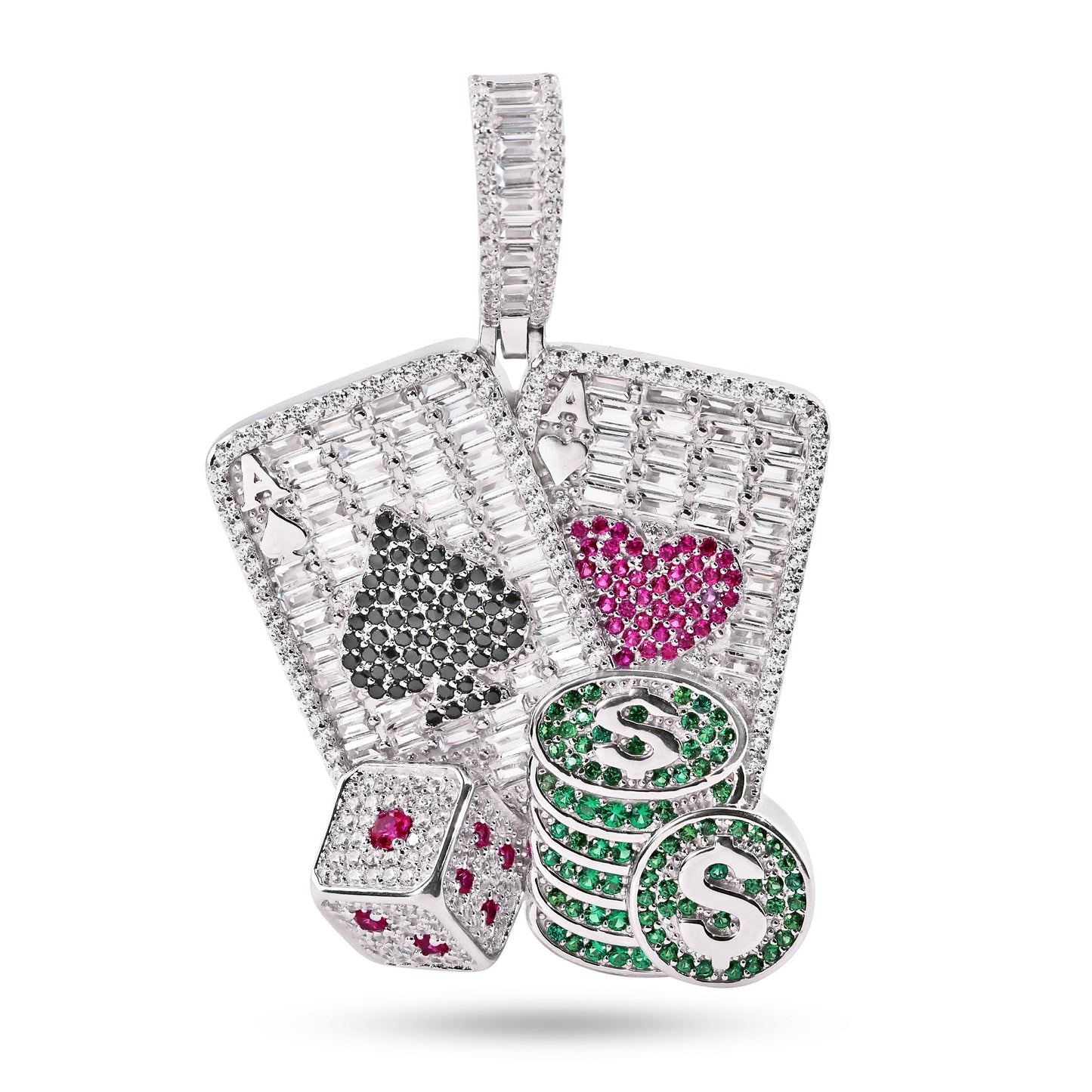 Rhodium Plated 925 Sterling Silver Cards Dice Chips Clear Poker Gambling Pendant