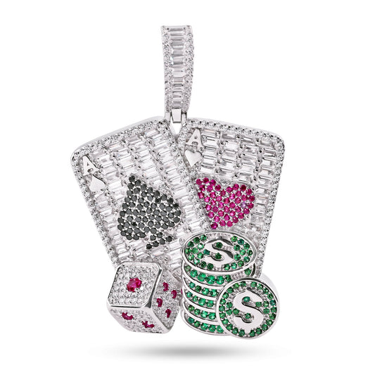 Rhodium Plated 925 Sterling Silver Cards Dice Chips Clear Poker Gambling Pendant