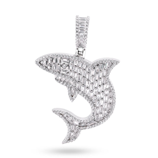 Rhodium Plated 925 Sterling Silver Shark Baguette Clear CZ Ocean Animal Pendant