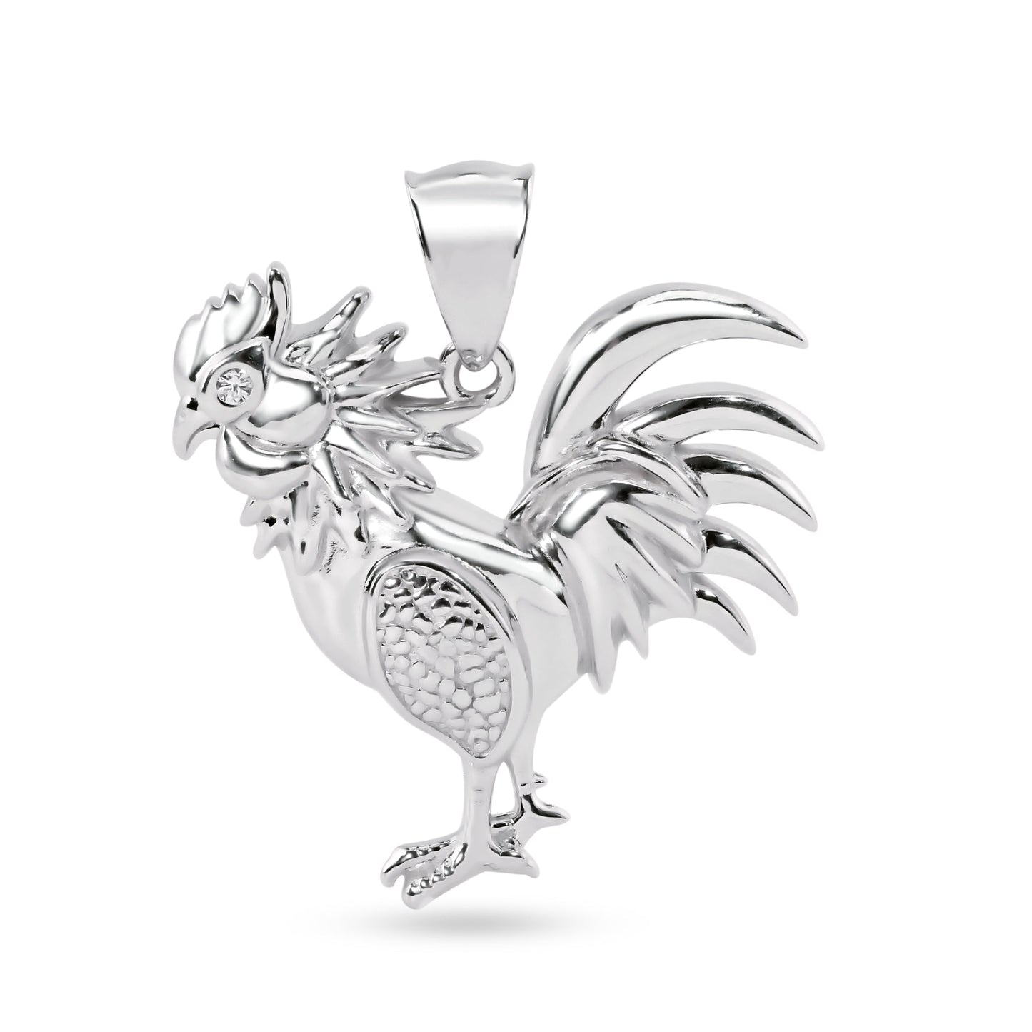 Rhodium Plated 925 Sterling Silver Rooster CZ Eye Farm Animal Chicken Pendant