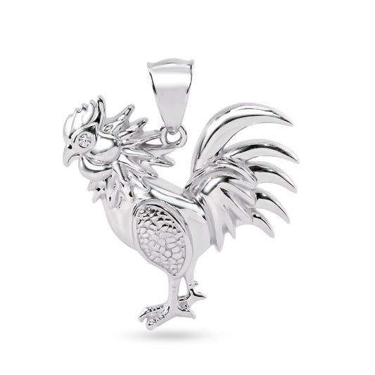 Rhodium Plated 925 Sterling Silver Rooster CZ Eye Farm Animal Chicken Pendant