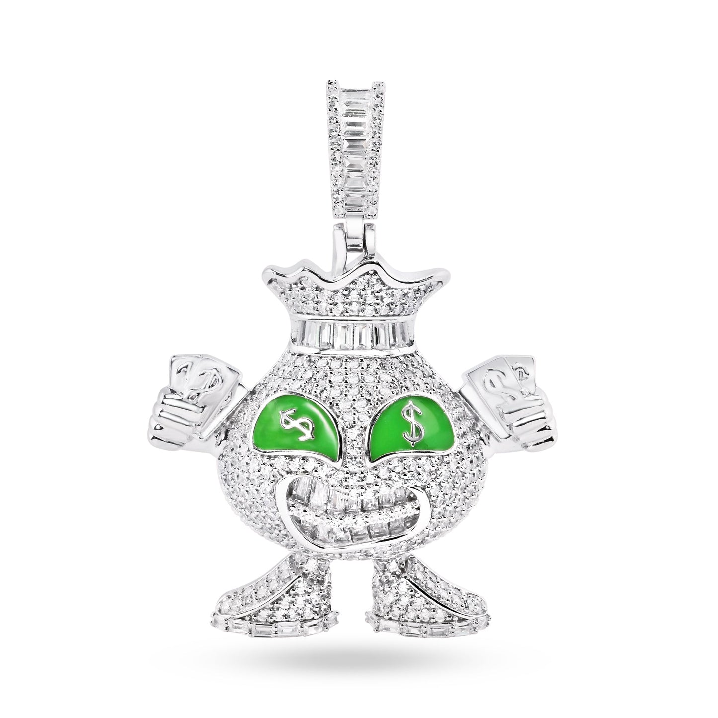 Rhodium Plated 925 Sterling Silver Cash Money Character CZ Bag $ Enamel Pendant