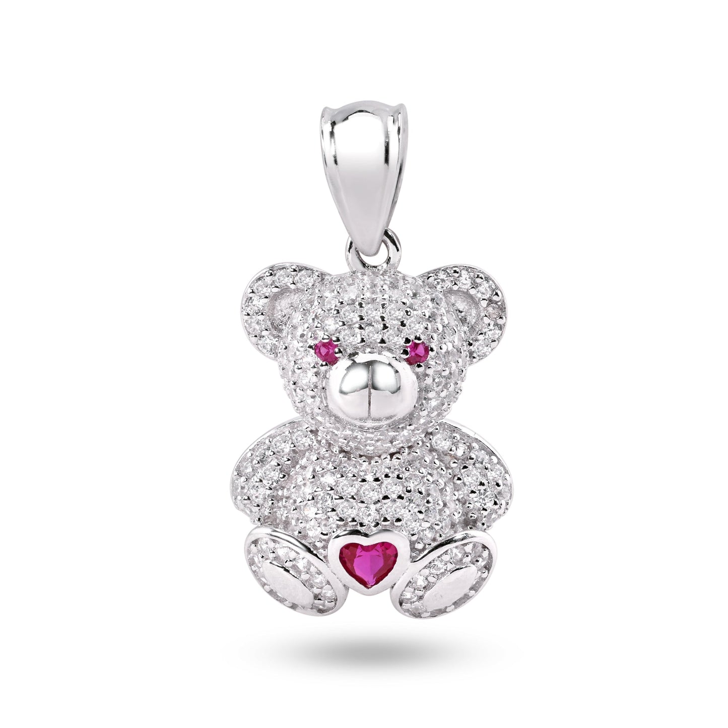 Rhodium Plated 925 Sterling Silver Teddy Bear Heart Red CZ Cute Animal Pendant