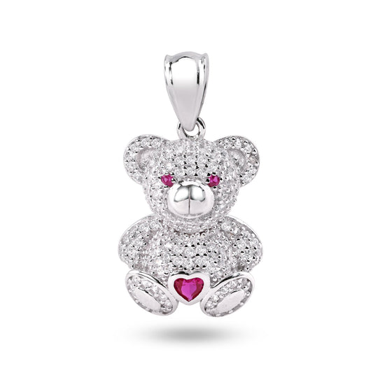 Rhodium Plated 925 Sterling Silver Teddy Bear Heart Red CZ Cute Animal Pendant