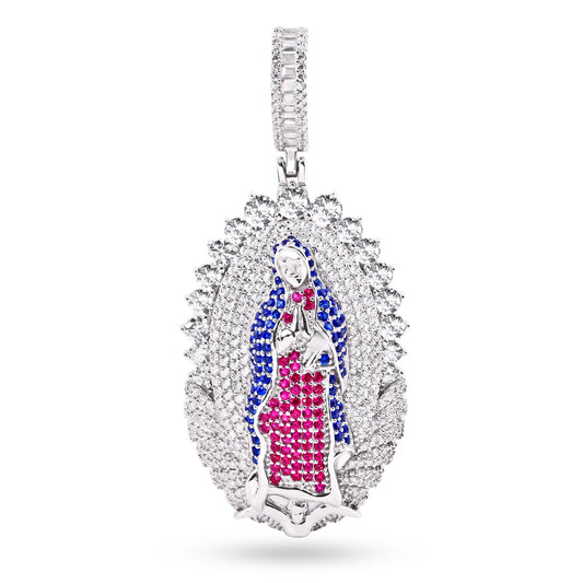 Rhodium Plated 925 Sterling Silver Our Lady of Guadalupe Clear CZ Charm Pendant