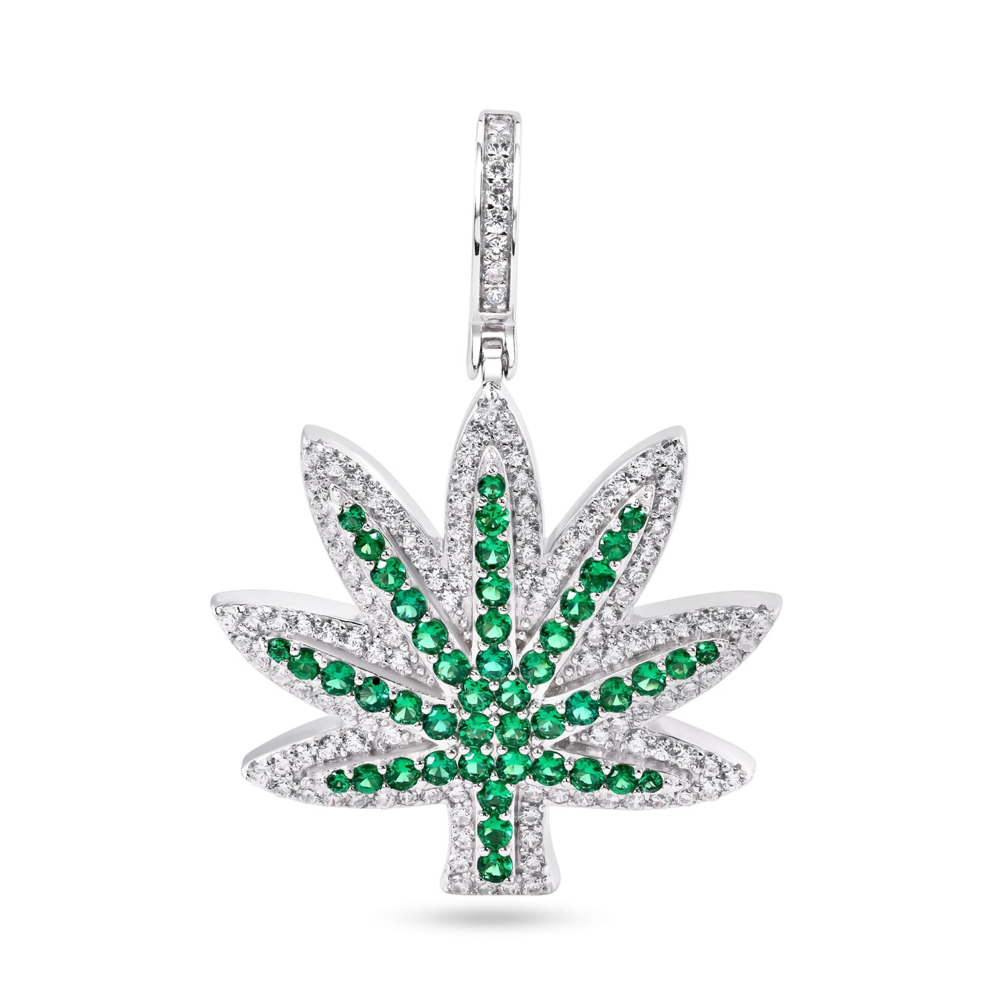Rhodium Plated 925 Sterling Silver Marijuana Cannabis Green Leaf Weed CZ Pendant