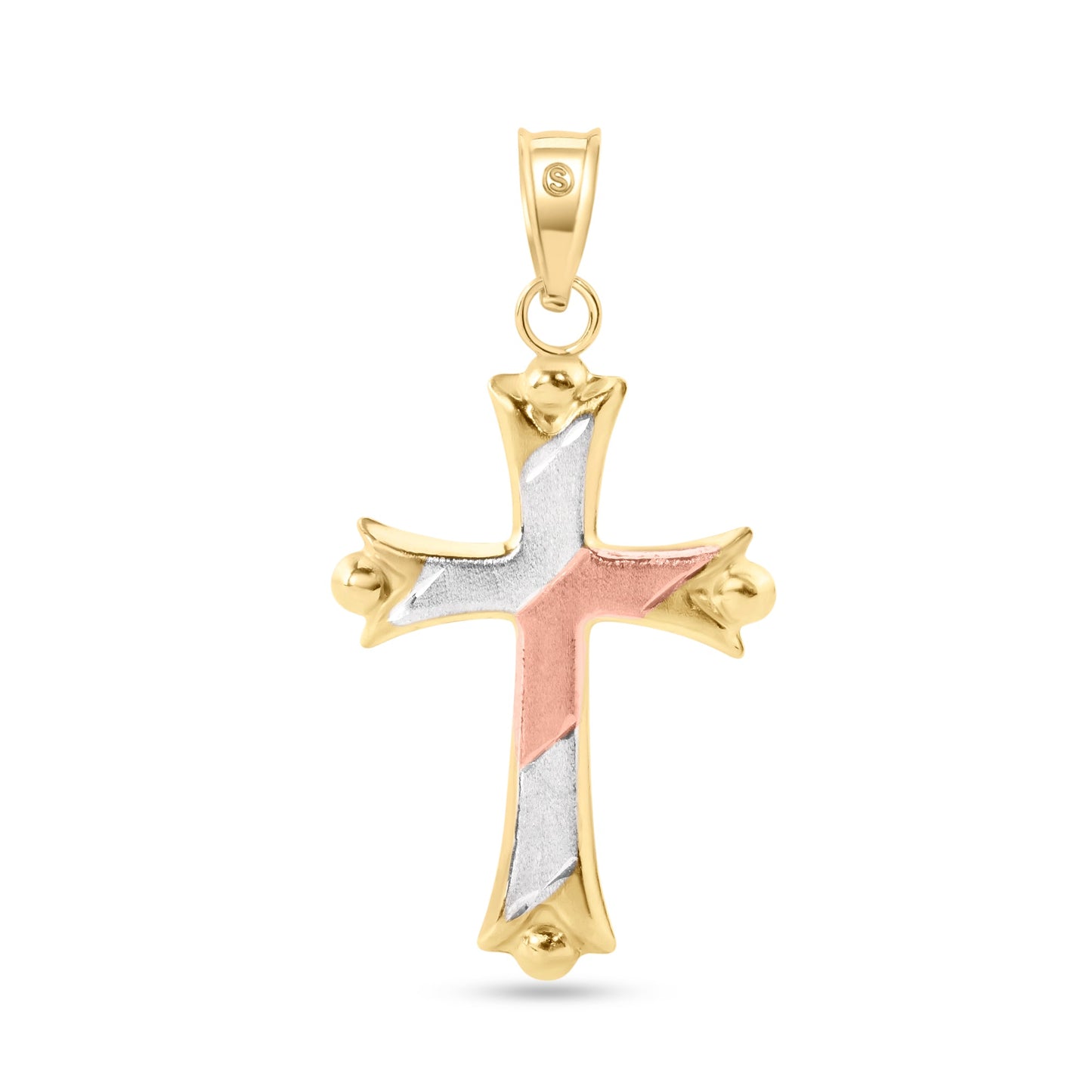 14k Yellow Gold Tri Color 2-Sided Patterned Hollow Tube Cross Christian Pendant