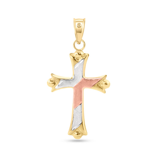 14k Yellow Gold Tri Color 2-Sided Patterned Hollow Tube Cross Christian Pendant