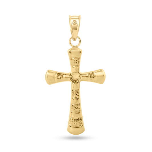 14k Yellow Gold 2 Sided Patterned Hollow Tube Cross Pendant Christian Charm