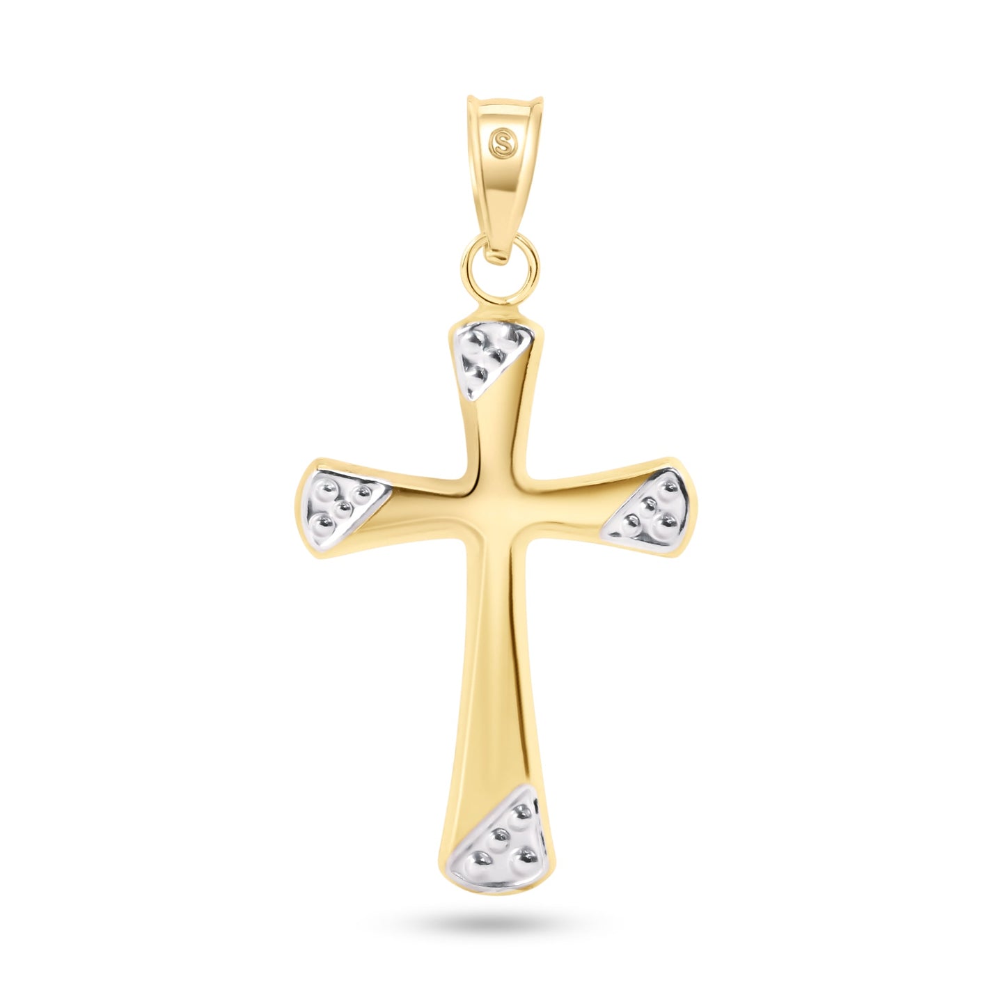 14k Yellow Gold 2 Sided White Gold Beaded Edge Hollow Tube Cross Tiny Pendant