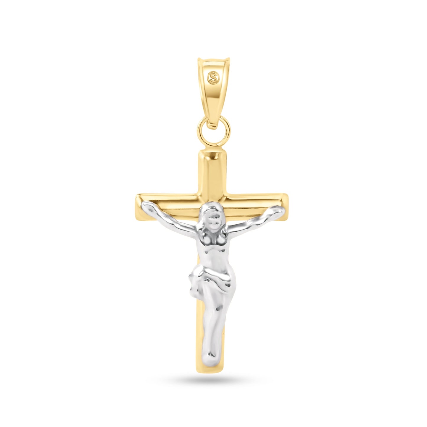14k Yellow Gold 2 Tone White Crucifix Jesus Hollow Tube Cross Christian Pendant