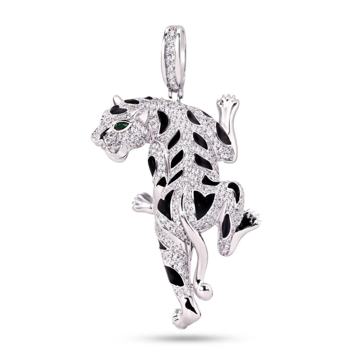 Rhodium Plated 925 Sterling Silver Cheetah Jaguar CZ Enamel Animal Cat Pendant
