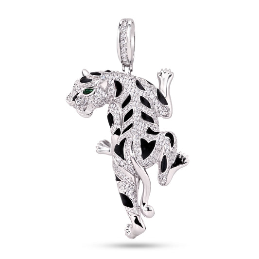 Rhodium Plated 925 Sterling Silver Cheetah Jaguar CZ Enamel Animal Cat Pendant