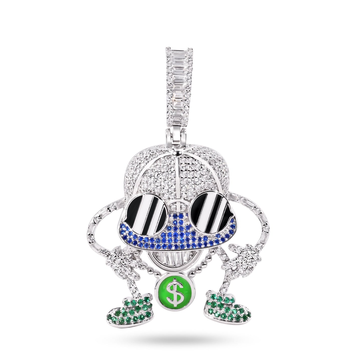 Rhodium Plated 925 Sterling Silver Hip-Hop Enamel Glasses Money Hat $ CZ Pendant