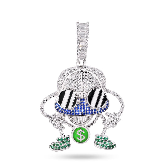 Rhodium Plated 925 Sterling Silver Hip-Hop Enamel Glasses Money Hat $ CZ Pendant