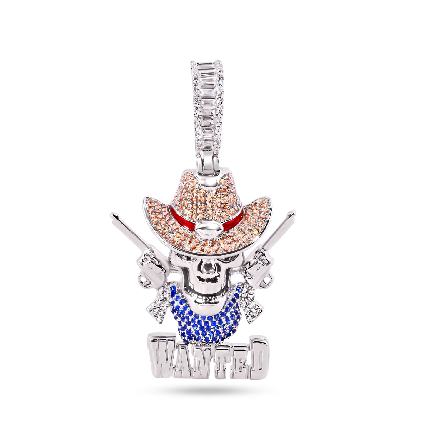 Rhodium Plated 925 Sterling Silver Skull Guns Wanted Wild West Cowboy CZ Pendant