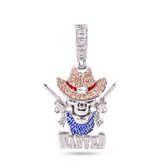 Rhodium Plated 925 Sterling Silver Skull Guns Wanted Wild West Cowboy CZ Pendant