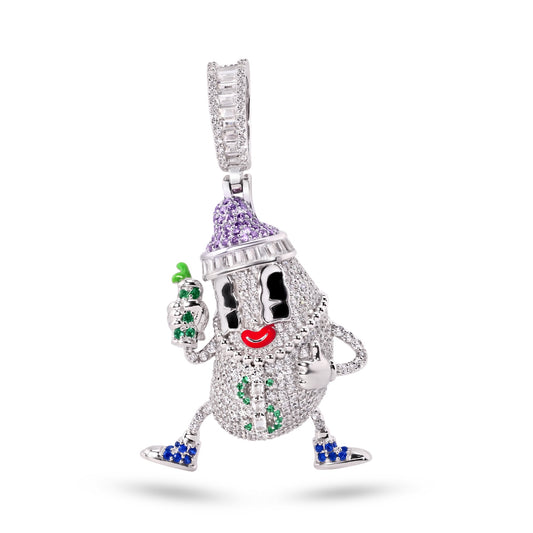 Rhodium Plated 925 Sterling Silver Milk Bottle Hip Hop Money Chain $ CZ Pendant