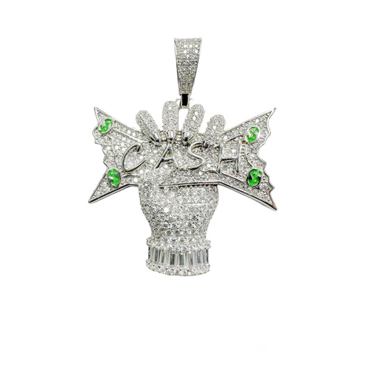 Rhodium Plated 925 Sterling Silver Cash Hand Money Dollar Sign CZ Enamel Pendant