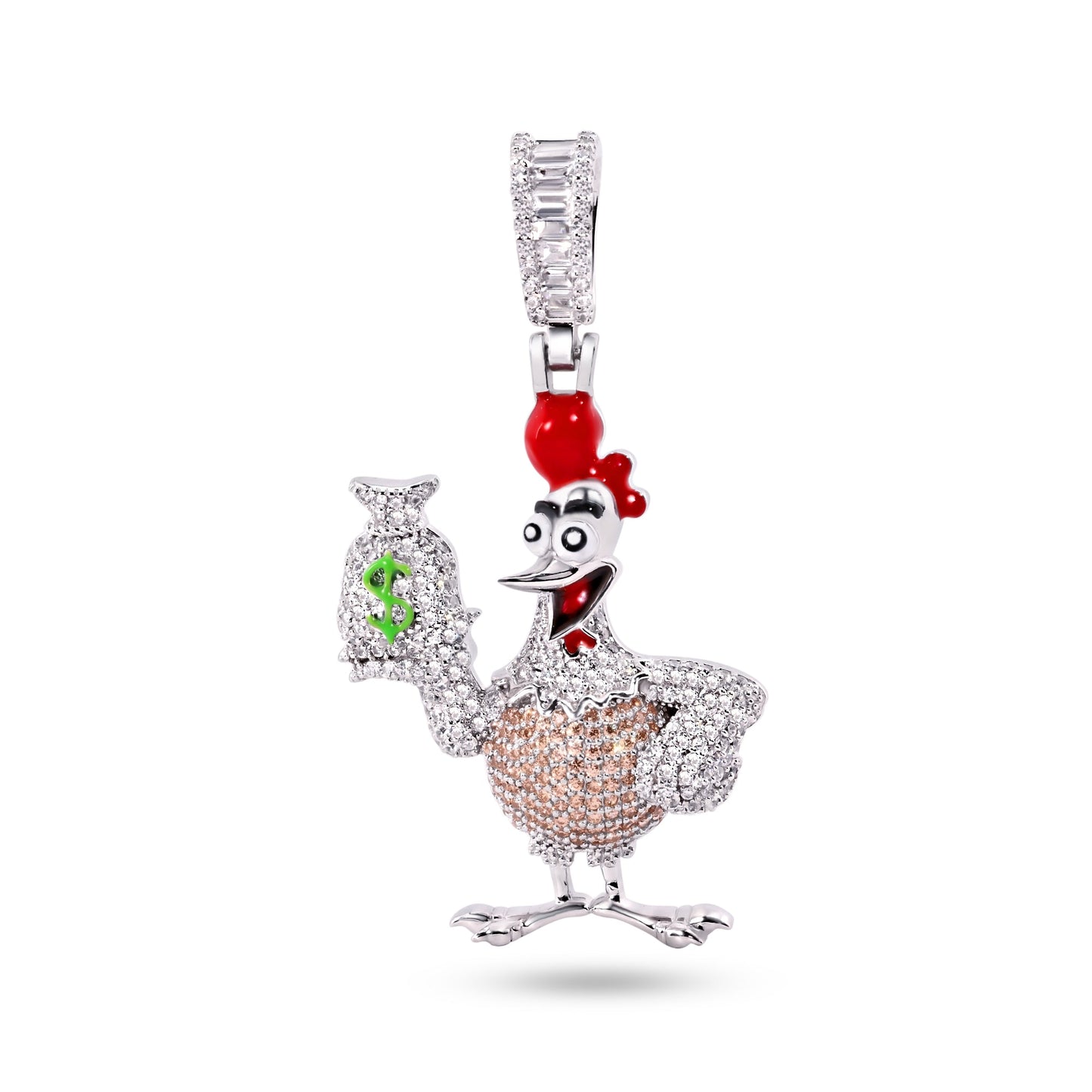 Rhodium Plated 925 Sterling Silver Chicken Money Bag CZ Enamel Pendant