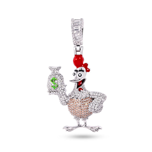 Rhodium Plated 925 Sterling Silver Chicken Money Bag CZ Enamel Pendant