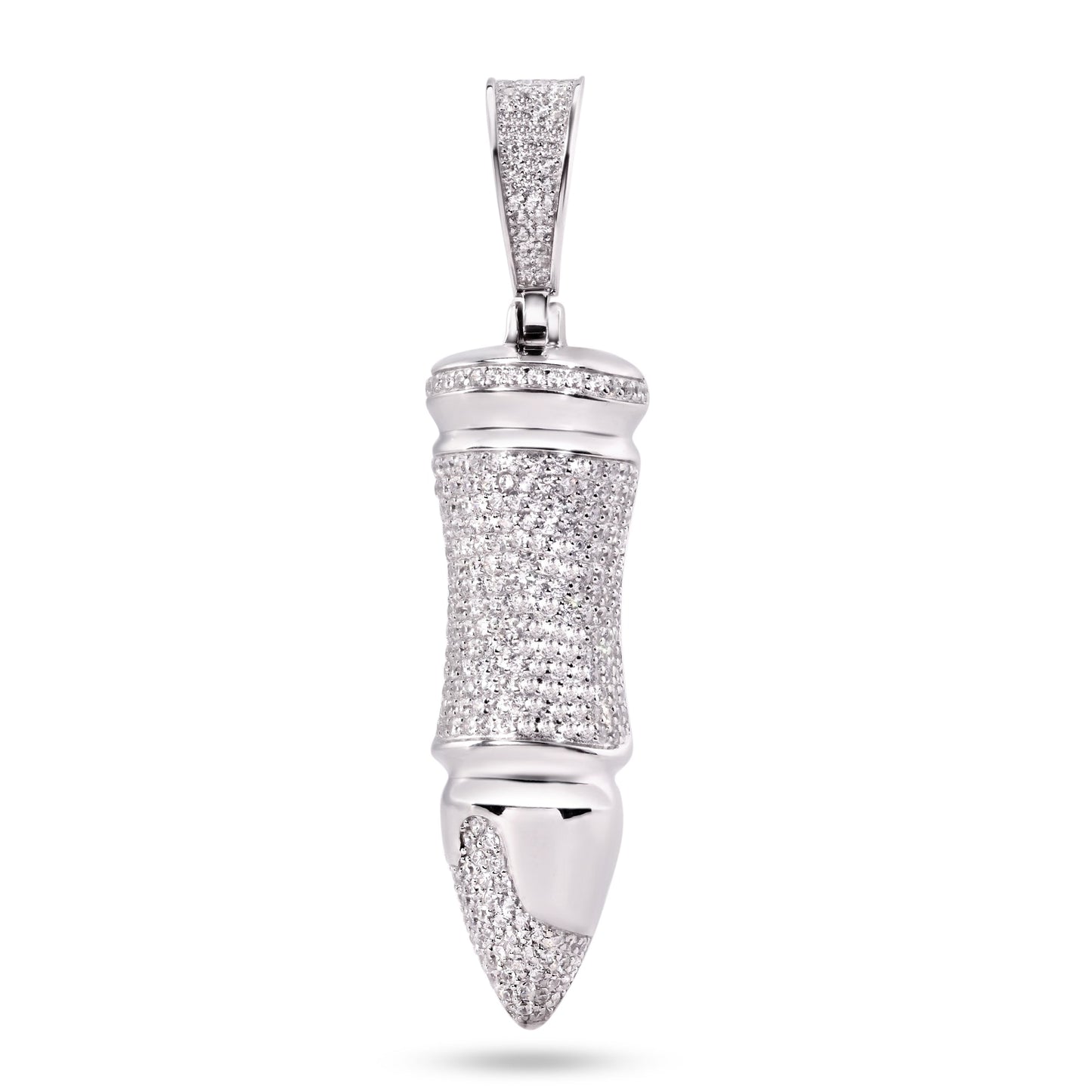 Rhodium Plated 925 Sterling Silver Bullet Clear CZ Patriot Gun Rifle Pendant