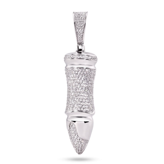 Rhodium Plated 925 Sterling Silver Bullet Clear CZ Patriot Gun Rifle Pendant
