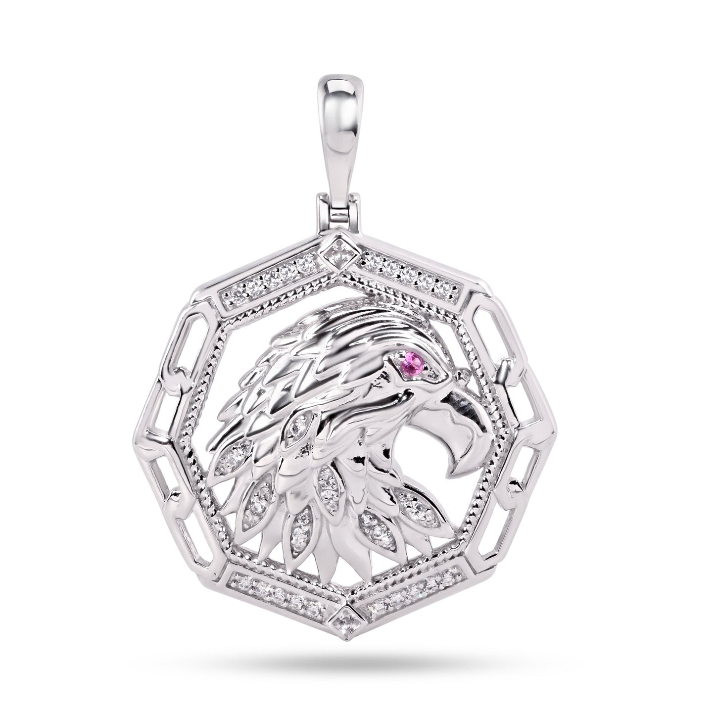 Rhodium Plated 925 Sterling Silver American Eagle Purple Eye Clear CZ Pendant