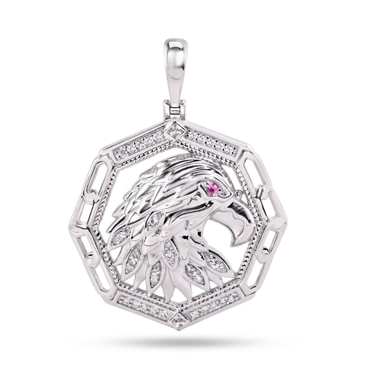 Rhodium Plated 925 Sterling Silver American Eagle Purple Eye Clear CZ Pendant
