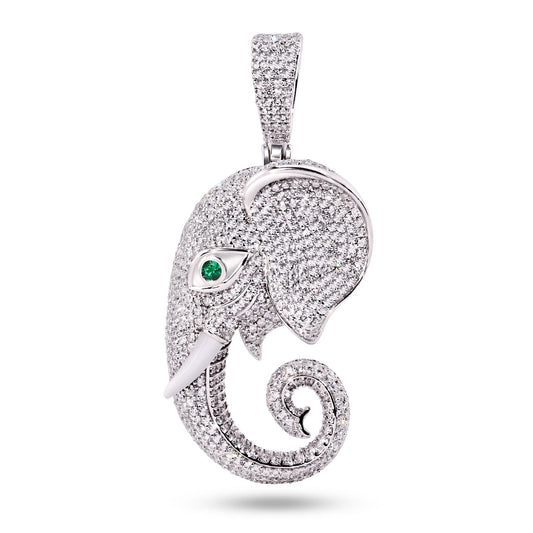 Rhodium Plated 925 Sterling Silver Elephant Eye Clear CZ African Animal Pendant