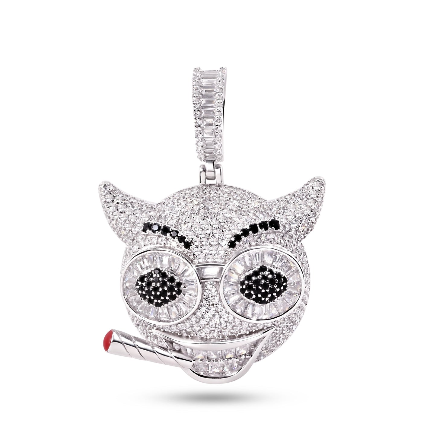 Rhodium Plated 925 Sterling Silver Devil Smoking Clear Black CZ Cigar Pendant
