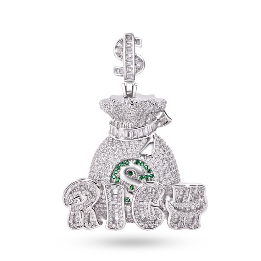 Rhodium Plated 925 Sterling Silver Money Bag Rich CZ Dollar Cash $ Sign Pendant