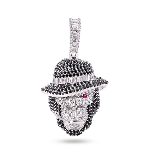 Rhodium Plated 925 Sterling Silver Smoking Ape Monkey Hat Gangster CZ Pendant