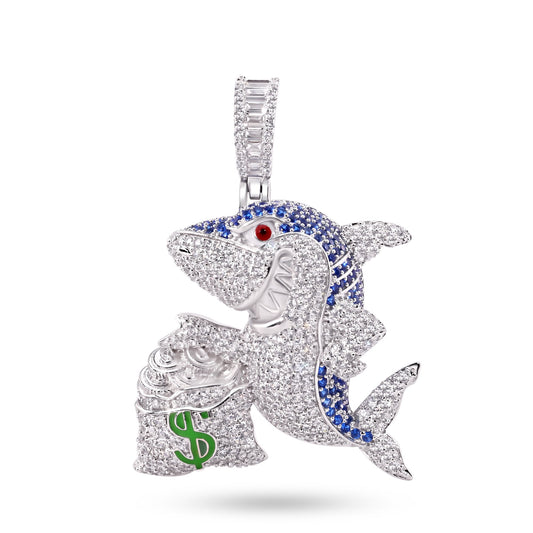 Rhodium Plated 925 Sterling Silver Money Bag Shark Greed CZ Ocean Animal Pendant