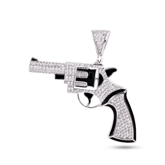 Rhodium Plated 925 Sterling Silver Revolver Gun Clear CZ Black Enamel Pendant