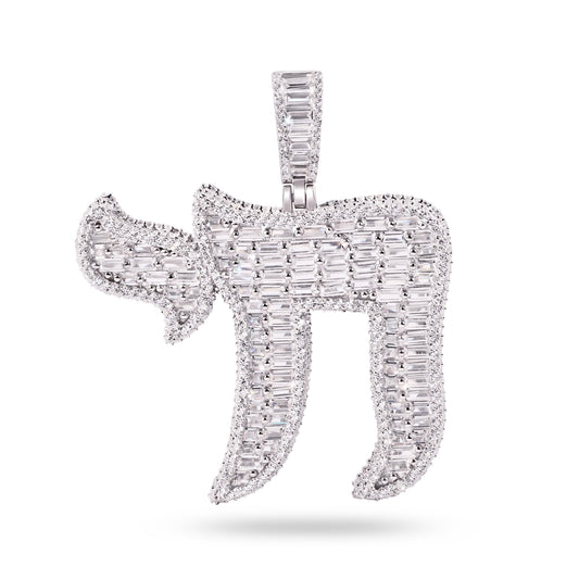Rhodium Plated 925 Sterling Silver Jewish Chai Life Baguette Clear CZ Pendant