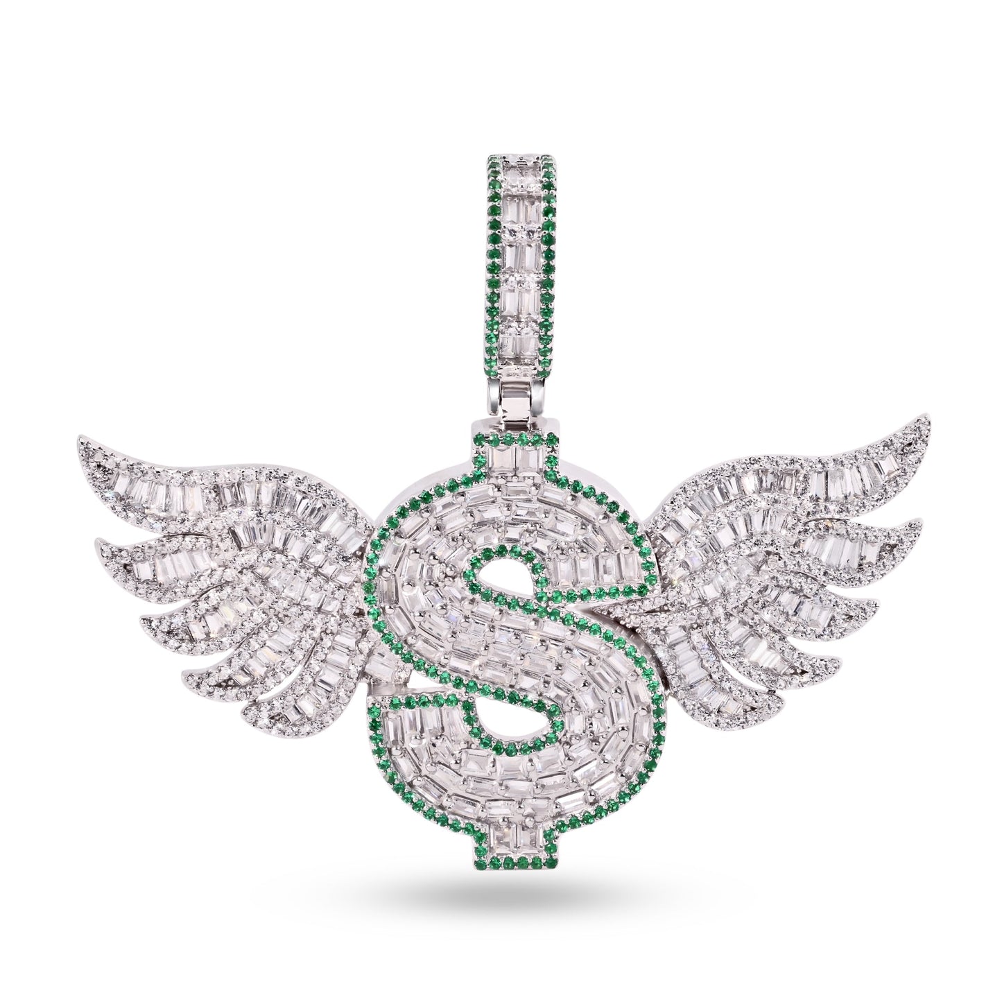 Rhodium Plated 925 Sterling Silver Dollar Sign Wings Baguette Money CZ Pendant
