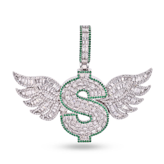 Rhodium Plated 925 Sterling Silver Dollar Sign Wings Baguette Money CZ Pendant