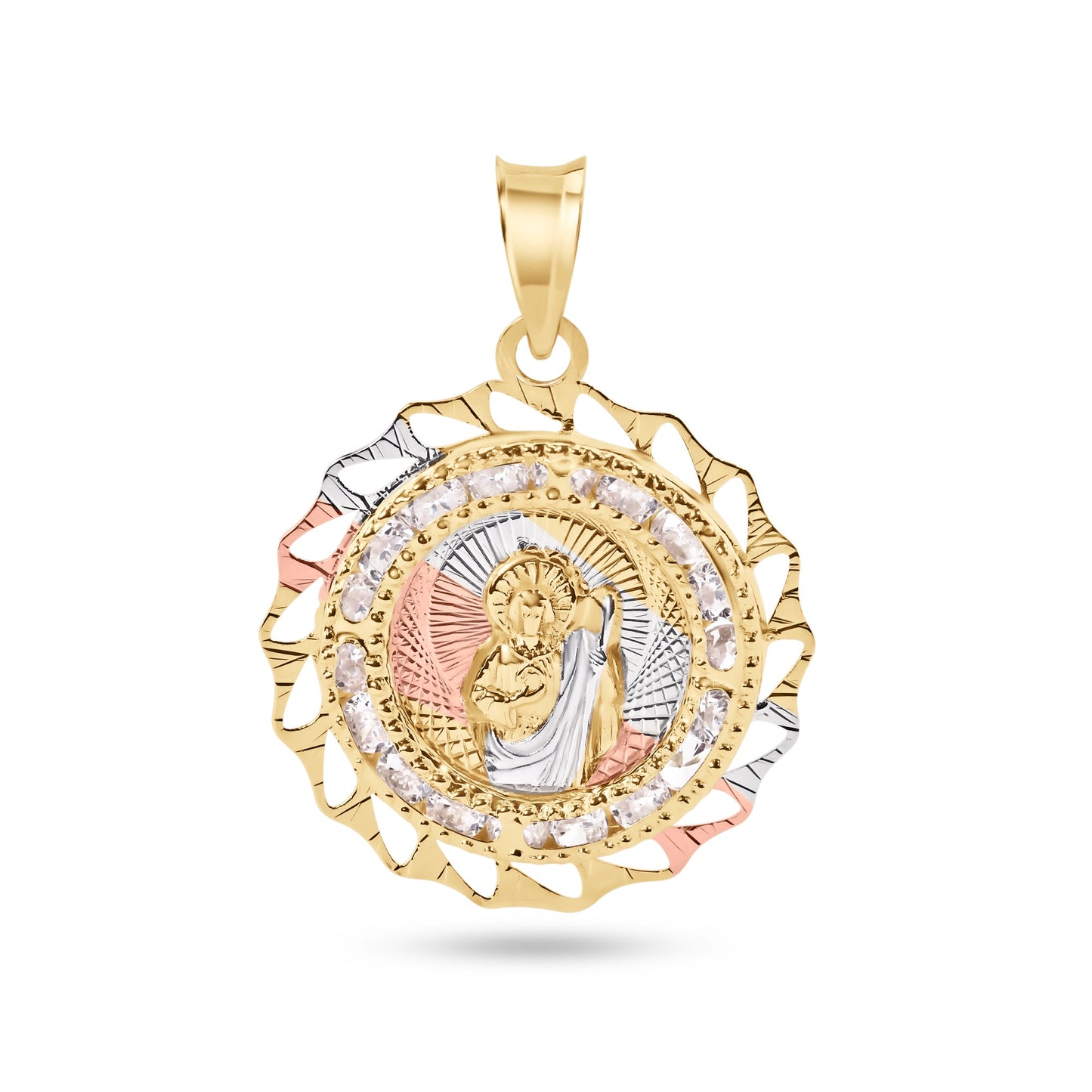 14k Yellow Gold 2 Tone Diamond Cut Bezel Saint Jude Clear CZ Pendant