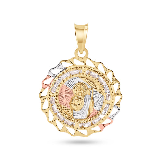 14k Yellow Gold 2 Tone Diamond Cut Bezel Saint Jude Clear CZ Pendant