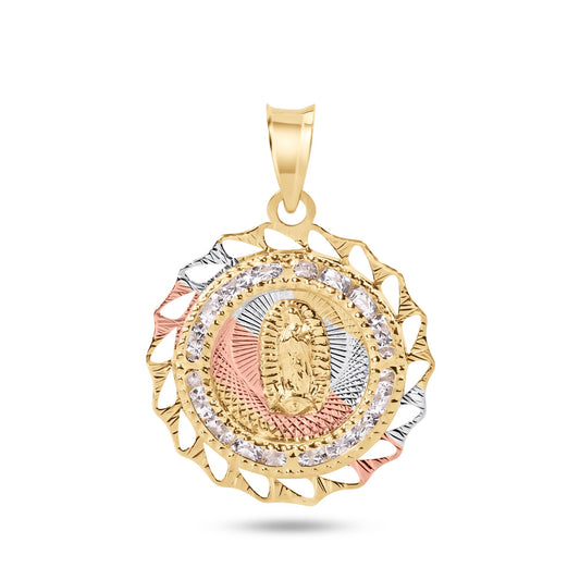 14k Yellow Gold 2 Tone Diamond Cut Bezel Our Lady of Guadalupe Clear CZ Pendant
