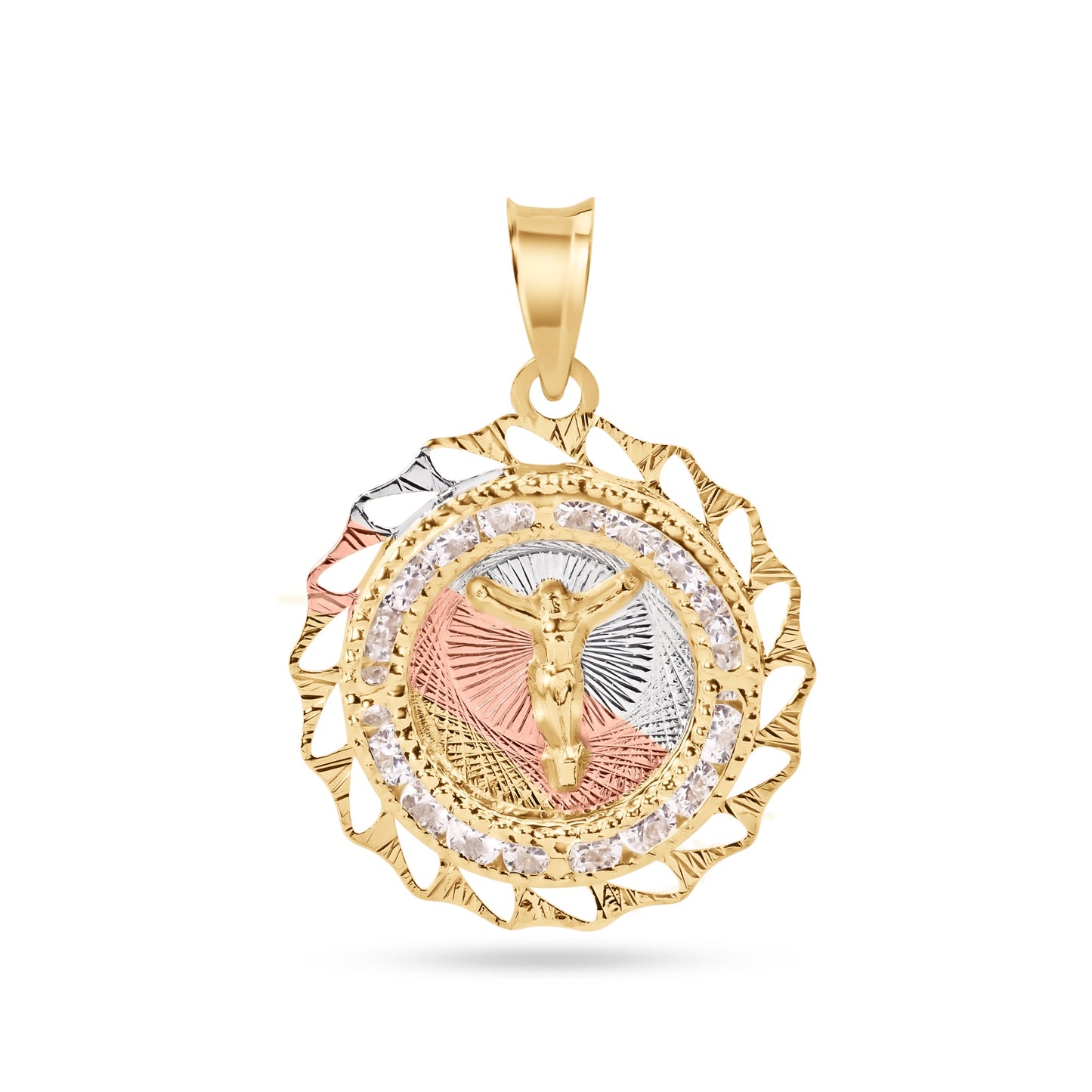 14krat Yellow Gold 2 Tone Diamond Cut Bezel Jesus Christ Clear CZ Pendant