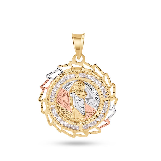 14k Yellow Gold 2 Tone Diamond Cut Sharp Edge Bezel Saint Jude Clear CZ Pendant