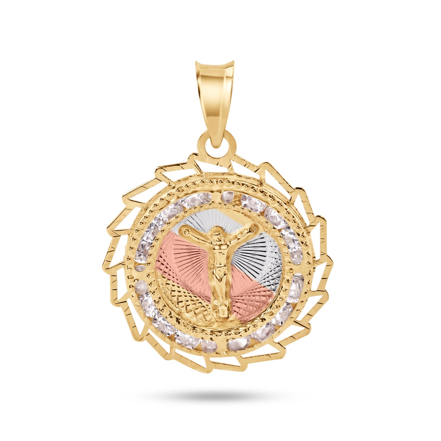 14k Yellow Gold 2 Tone Diamond Cut Razor Edge Jesus Christ Crucifix CZ Pendant