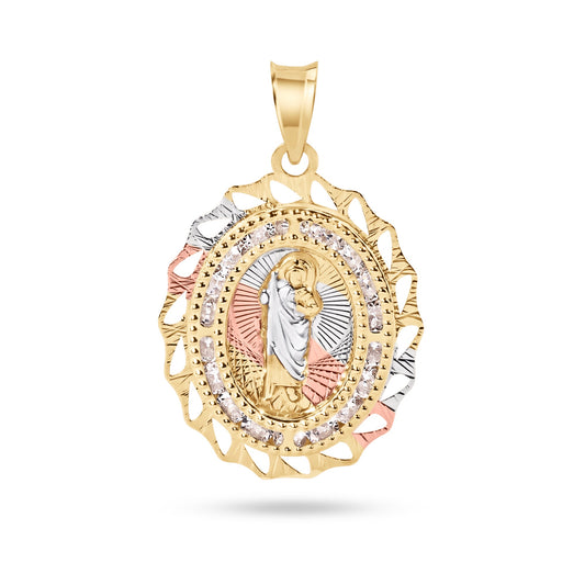 14k Yellow Gold 2 Tone Diamond Cut Oval Bezel Saint Jude Clear CZ Pendant