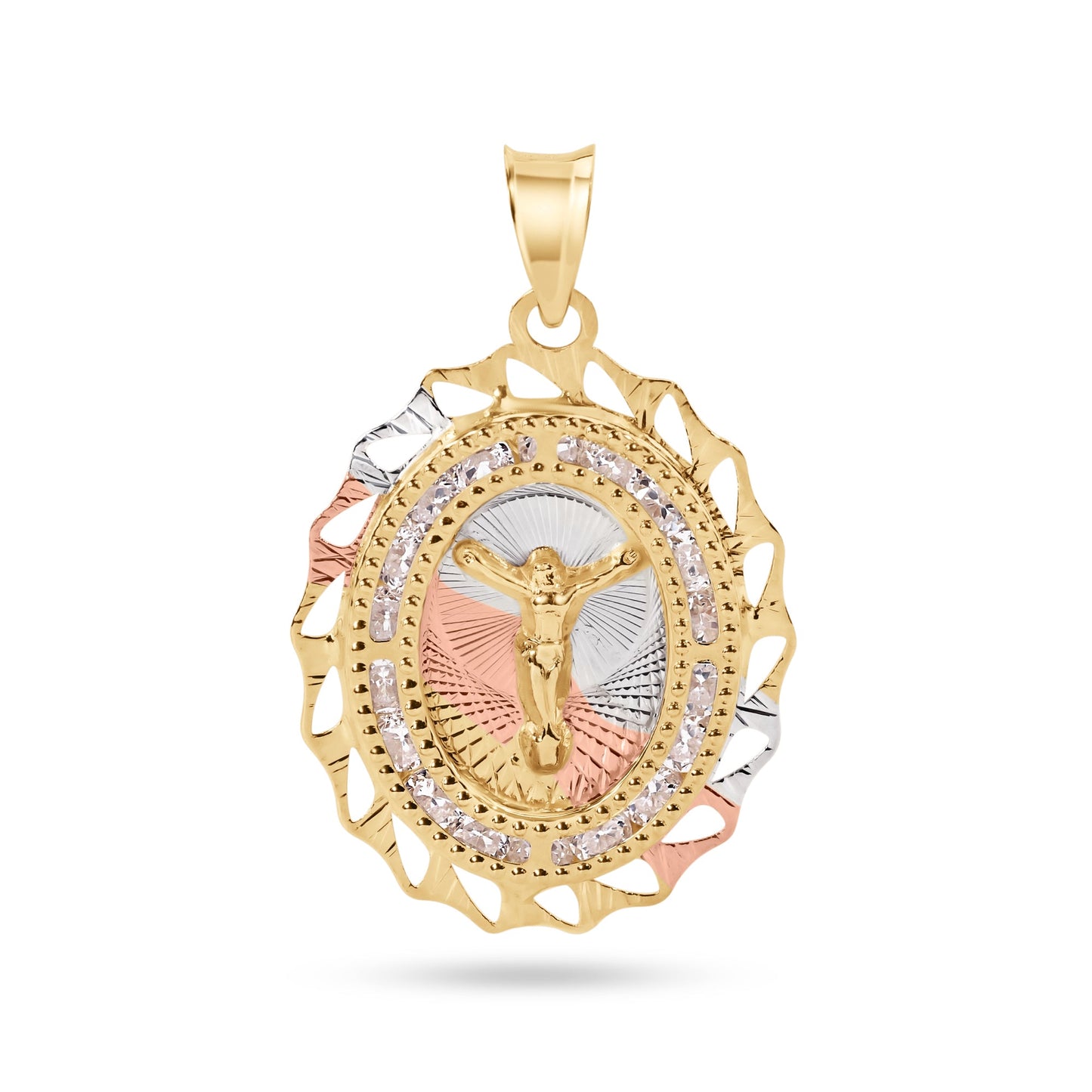 14k Yellow Gold 2 Tone Diamond Cut Oval Bezel Jesus Christ Clear CZ Pendant